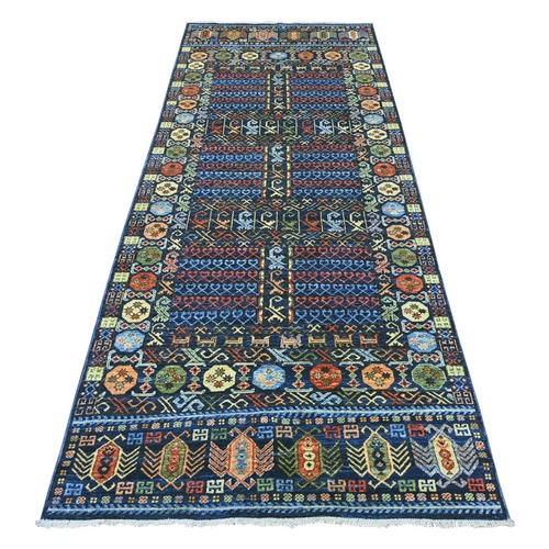 Yale Blue, Hand Knotted, Afghan Ersari with Hutchlu Design, Reimagined, Vegetable Dyes, Denser Weave, Soft Wool, Wide Runner, Oriental 