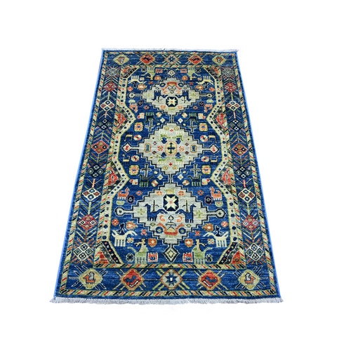 Imperial Blue, Afghan Ersari with Geometric Medallions Design, Ancient Animal Figurines, Hand Knotted, Vegetable Dyes, Pure Wool, Oriental 