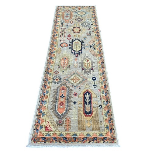 Pastel Gray, Afghan Ersari with Turkish Knot, Caucasian Design Revival, Hand Knotted, Soft Wool, Vegetable Dyes, Densely Woven, Runner, Oriental 