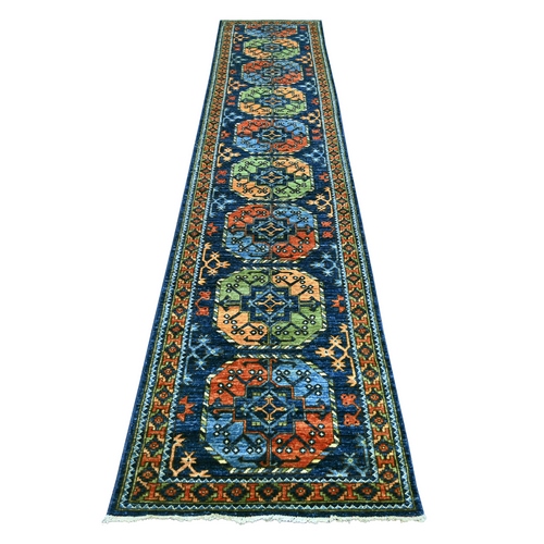 Yale Blue, Afghan Ersari with Elephant Feet Design, Hand Knotted, Natural Dyes, Denser Weave, Pure Wool, Runner, Oriental 