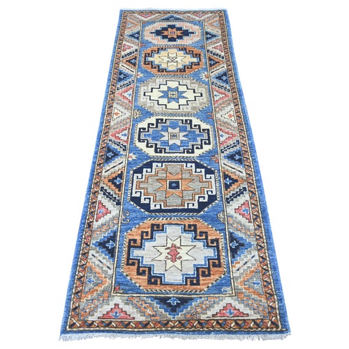 Maya Blue, Hand Knotted, Afghan Ersari with Elephant Feet Design, Denser Weave, Vegetable Dyes, Pure Wool, Runner, Oriental 