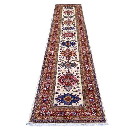 Pearl White, Natural Wool, Hand Knotted, Afghan Super Kazak with Tribal Medallions Design, Vegetable Dyes, Runner, Oriental 