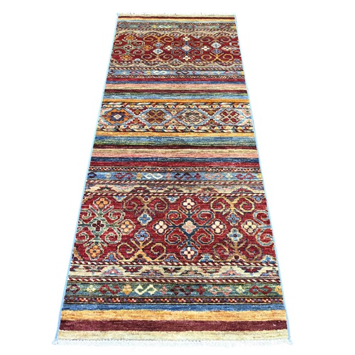 Colorful, Organic Wool, Hand Knotted, Afghan Super Kazak with Khorjin Design, Vegetable Dyes, Narrow Runner, Oriental 