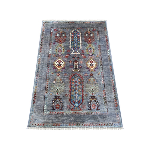 Misty Gray, Vegetable Dyes, Pure Wool, Afghan Super Kazak with Caucasian Gul Motif, Hand Knotted, Sample, Mat, Oriental 