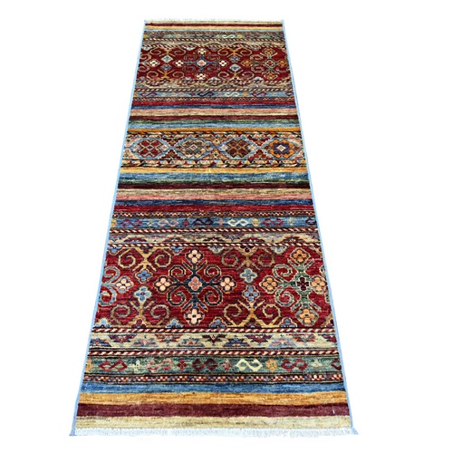 Colorful, Organic Wool, Hand Knotted, Afghan Super Kazak with Khorjin Design, Vegetable Dyes, Narrow, Runner, Oriental 