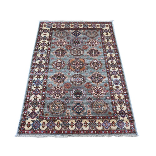 Pewter Gray, Organic Wool, Hand Knotted, Afghan Super Kazak with Geometric Medallions Design, Vegetable Dyes, Oriental 