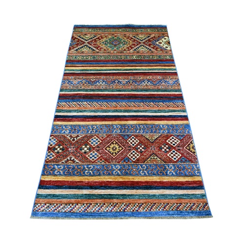 Colorful, Vegetable Dyes, Natural Wool, Hand Knotted, Afghan Super Kazak with Khorjin Design, Wide Runner, Oriental 