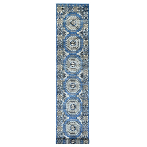 Bayern Blue, Afghan Ersari with Elephant Feet Design, Hand Knotted, Natural Dyes, Denser Weave, Pure Wool, XL Runner, Oriental 