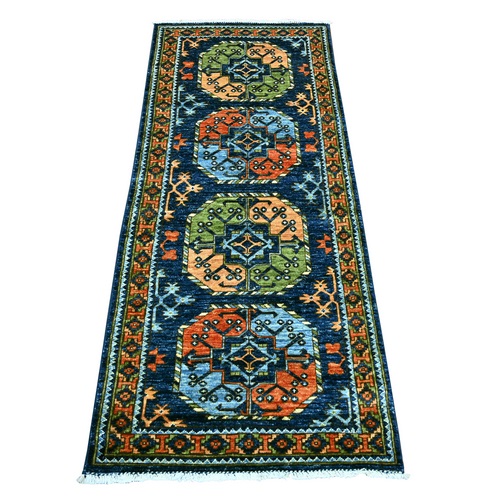 Yale Blue, Afghan Ersari with Elephant Feet Design, Hand Knotted, Natural Dyes, Denser Weave, Pure Wool, Runner, Oriental 