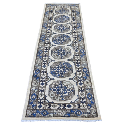 Pearl White, Afghan Ersari with Elephant Feet Design, Hand Knotted, Natural Dyes, Denser Weave, Pure Wool, Runner, Oriental 
