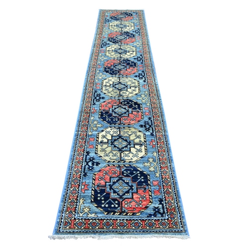 Maya Blue, Afghan Ersari with Elephant Feet Design, Hand Knotted, Denser Weave, Vegetable Dyes, Pure Wool, Runner, Oriental 