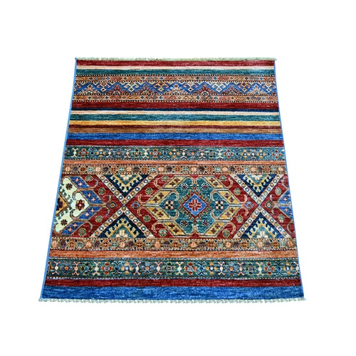 Colorful, Hand Knotted, Vegetable Dyes, Natural Wool, Afghan Super Kazak with Khorjin Design, Sample, Mat, Oriental 