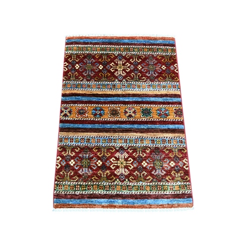 Colorful, Natural Wool, Hand Knotted, Afghan Super Kazak with Khorjin Design, Vegetable Dyes, Sample, Mat, Oriental 