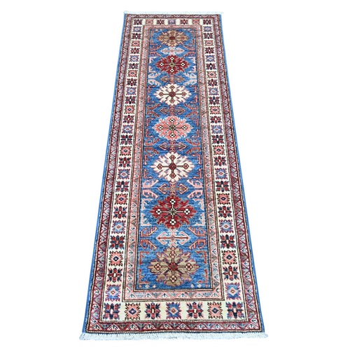 Cerulean Blue, Organic Wool, Hand Knotted, Afghan Super Kazak with Tribal Medallions Design, Vegetable Dyes, Narrow Runner, Oriental 