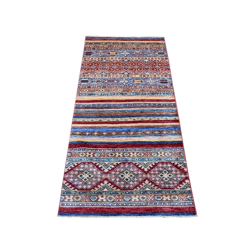 Colorful, Natural Wool, Hand Knotted, Afghan Super Kazak with Khorjin Design, Vegetable Dyes, Short Runner, Oriental 