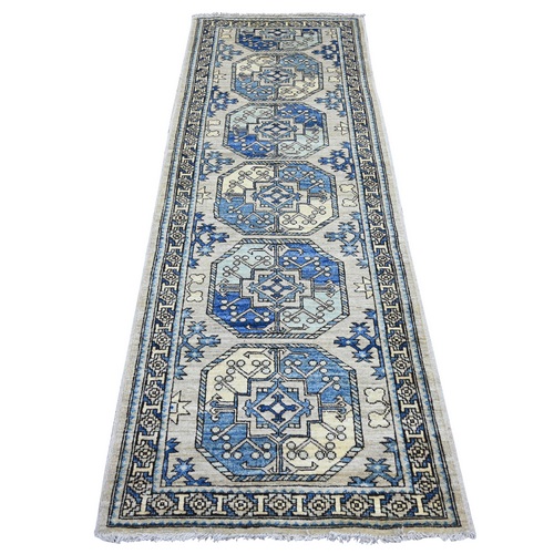 Oyster Gray, Afghan Ersari with Elephant Feet Design, Hand Knotted, Natural Dyes, Denser Weave, Pure Wool, Runner, Oriental 