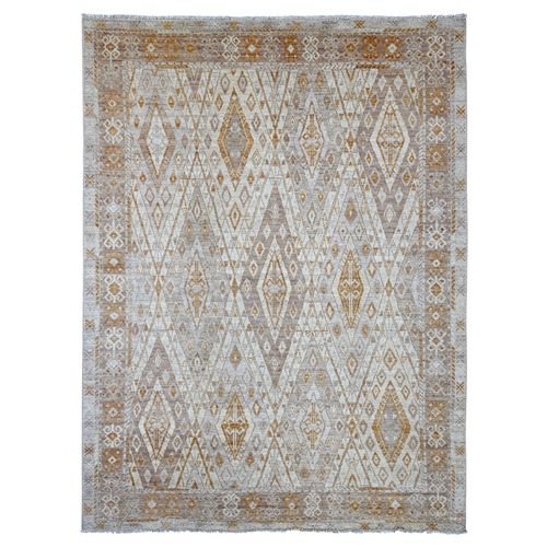 Light Gray, Anatolian Village Inspired Design with Geometric Pattern, Hand Knotted, Pure Wool, Vegetable Dyes, Oriental 