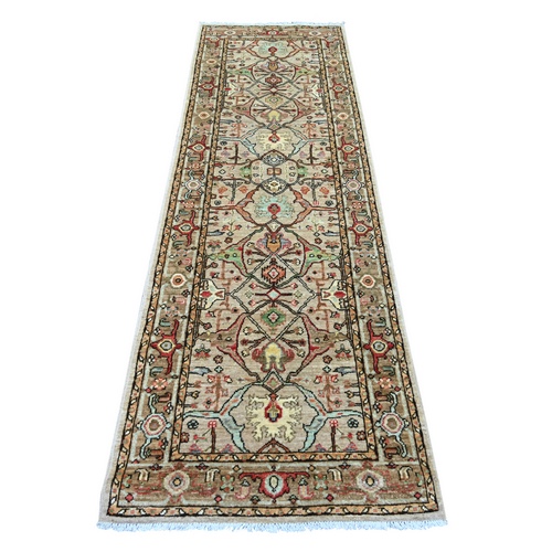 Light Brown, Peshawar with Bijar Garus Design, Hand Knotted, Vegetable Dyes, Densely Woven, 100% Wool, Runner, Oriental 