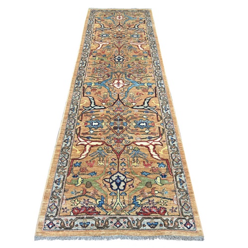 Golden Brown, Peshawar with Bijar Garus Design, Hand Knotted, 100% Wool, Vegetable Dyes, Densely Woven, Runner, Oriental 