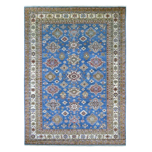 Cerulean Blue, Pure Wool, Hand Knotted, Afghan Super Kazak with Geometric Motifs, Vegetable Dyes, Oriental 
