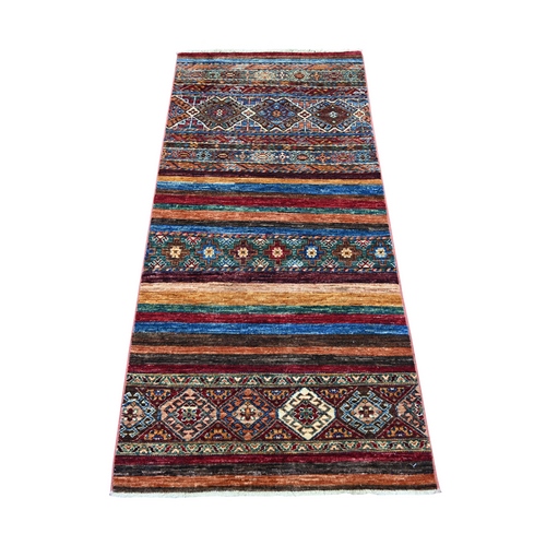 Colorful, Vegetable Dyes, Organic Wool, Hand Knotted, Afghan Super Kazak with Khorjin Design, Runner, Oriental 