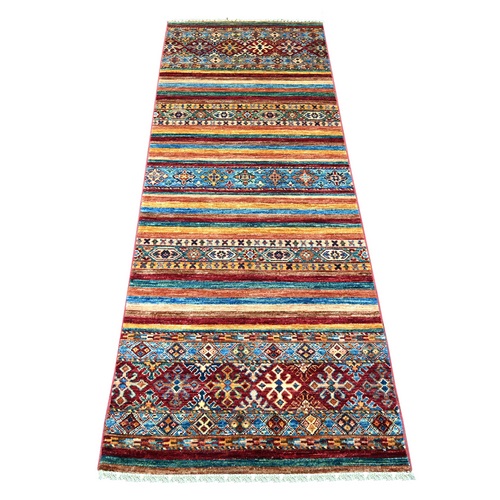 Colorful, Hand Knotted, Afghan Super Kazak with Khorjin Design, Pure Wool, Vegetable Dyes, Narrow Runner, Oriental 
