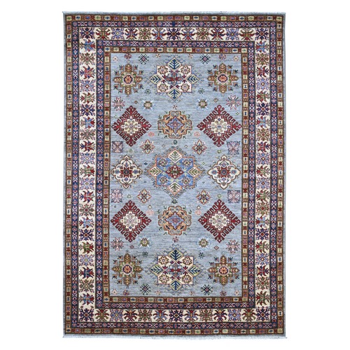 Misty Gray, Afghan Super Kazak with Geometric Medallions Design, Natural Wool, Hand Knotted, Vegetable Dyes, Oriental 