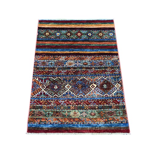 Colorful, Vegetable Dyes, Hand Knotted, Natural Wool, Afghan Super Kazak with Khorjin Design, Sample, Mat, Oriental 