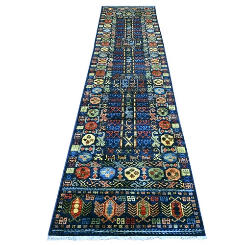Yale Blue, Afghan Ersari with Hutchlu Design, Reimagined, Hand Knotted, Vegetable Dyes, Denser Weave, Soft Wool, Runner, Oriental 
