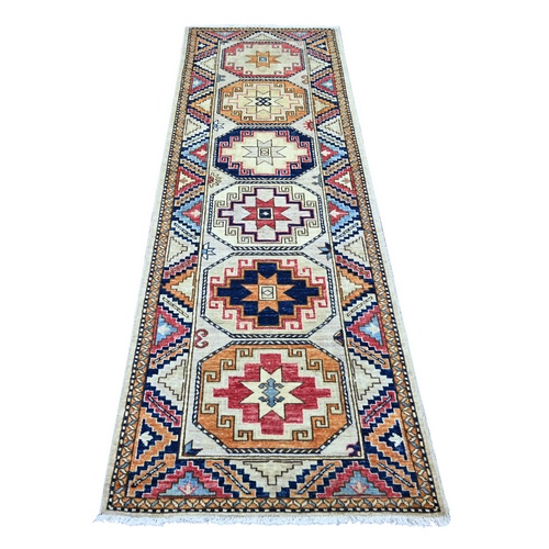 Pearl White, Afghan Ersari with Elephant Feet Design, Hand Knotted, Natural Dyes, Denser Weave, Pure Wool, Runner, Oriental 