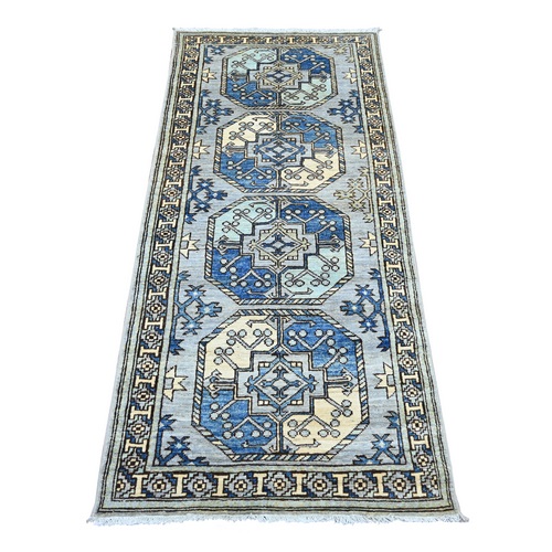 Misty Gray, Hand Knotted, Afghan Ersari with Elephant Feet Design, Natural Dyes, Denser Weave, Pure Wool, Runner, Oriental 