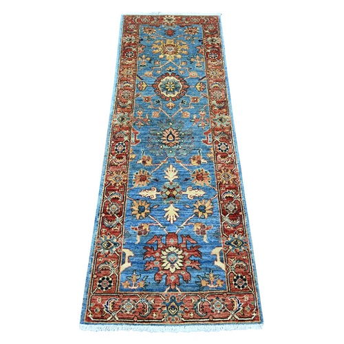 Marlin Blue, Heriz All Over Design, Aryana Collection, High Mountain Wool, Hand Knotted, Soft Pile, Densely Woven, Vegetable Dyes, Narrow Runner, Oriental 
