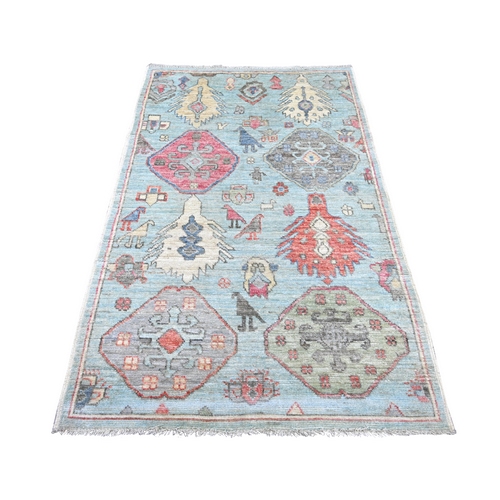Light Blue, Anatolian Village Inspired with Bird Figurines and Medallions Design, 100% Wool, Hand Knotted, Natural Dyes, Oriental 