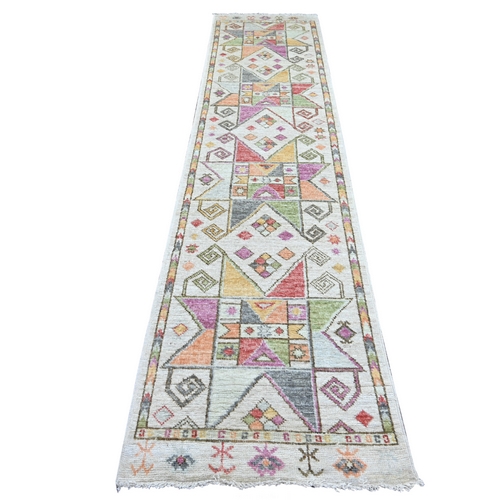 Light Gray, Anatolian Village Inspired Design with Geometric Pattern, Hand Knotted, Pure Wool, Vegetable Dyes, Runner, Oriental 