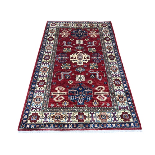 Berry Red, Natural Wool, Hand Knotted, Afghan Super Kazak with Tribal Medallions Design, Vegetable Dyes, Oriental 