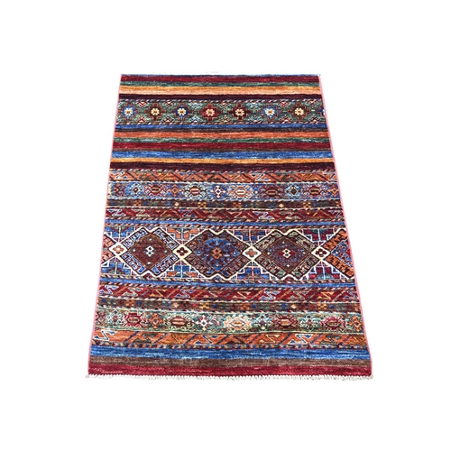 Colorful, Organic Wool, Hand Knotted, Afghan Super Kazak with Khorjin Design, Vegetable Dyes, Sample, Mat, Oriental 