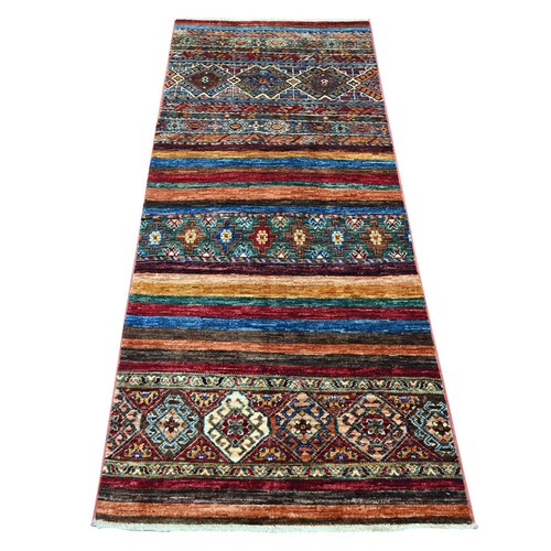 Colorful, Hand Knotted, Organic Wool, Afghan Super Kazak with Khorjin Design, Vegetable Dyes, Runner, Oriental 