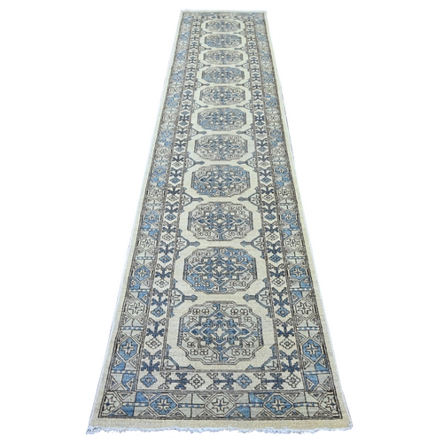 Pearl White, Hand Knotted, Afghan Ersari with Elephant Feet Design, Natural Dyes, Denser Weave, Pure Wool, Runner, Oriental 