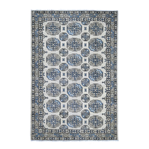 Pearl White, Afghan Ersari with Elephant Feet Design, Hand Knotted, Natural Dyes, Denser Weave, Pure Wool, Oriental 