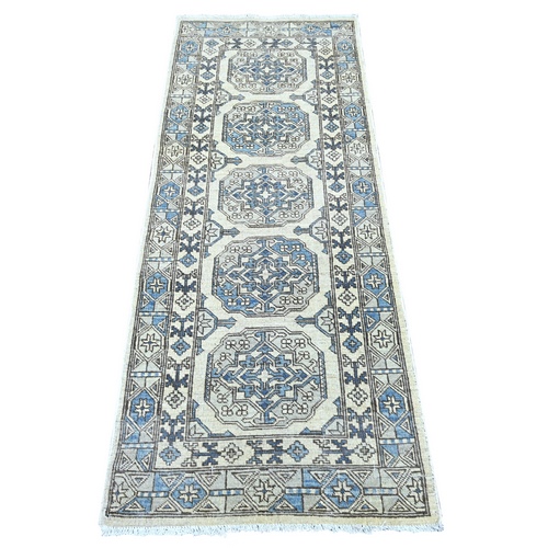Pearl White, Hand Knotted, Afghan Ersari with Elephant Feet Design, Natural Dyes, Denser Weave, Pure Wool, Runner, Oriental 