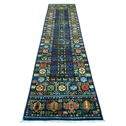 Yale Blue, Hand Knotted, Afghan Ersari with Hutchlu Design, Reimagined, Vegetable Dyes, Denser Weave, Soft Wool, Runner, Oriental 