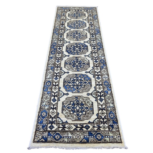 Pearl White, Afghan Ersari with Elephant Feet Design, Hand Knotted, Natural Dyes, Denser Weave, Pure Wool, Runner, Oriental 
