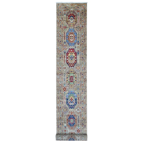 Fossil Gray, Afghan Super Kazak with Geometric Tribal Ersari Elements, Hand Knotted, Pure Wool, Densely Woven, XL Runner, Oriental 