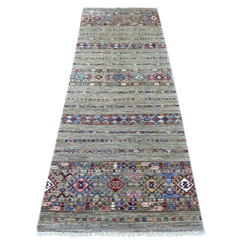 Stone Gray, Organic Wool, Hand Knotted, Afghan Super Kazak with Khorjin Design, Vegetable Dyes, Runner, Oriental 