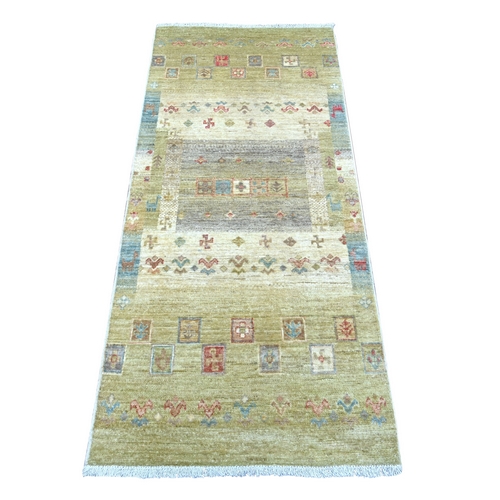 Olive Green, Fine Kashkuli Gabbeh with Small Animal Figurines, Hand Knotted, Soft Wool, Vegetable Dyes, Runner, Oriental 
