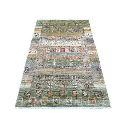 Sage Green, Fine Kashkuli Gabbeh with Small Animal Figurines, Hand Knotted, Soft Wool, Vegetable Dyes, Oriental 