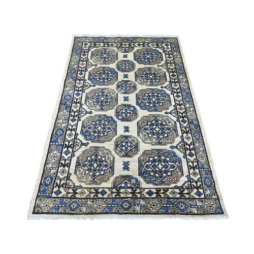 Pearl White, Hand Knotted, Afghan Ersari with Elephant Feet Design, Natural Dyes, Denser Weave, Pure Wool, Oriental 