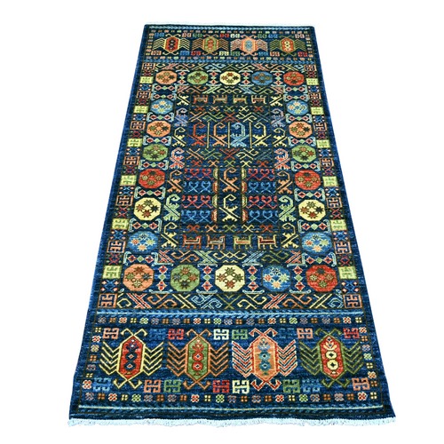Yale Blue, Hand Knotted, Afghan Ersari with Hutchlu Design, Reimagined, Vegetable Dyes, Denser Weave, Soft Wool, Runner, Oriental 