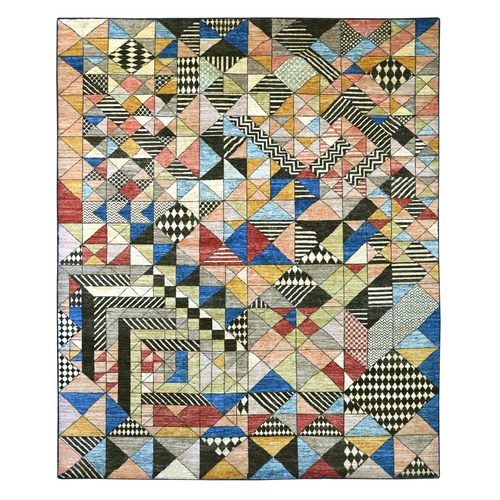 Charcoal Black, Bauhaus Inspired Design, Colorful Geometric Pattern, Arts and Crafts, Hand Knotted, 100% Wool, Oriental 
