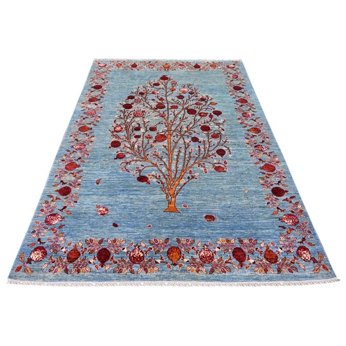 Light Blue, Afghan Sultani with Cypress Tree and Pomegranates Design, Hand Knotted, Soft Wool, Vegetable Dyes, Denser Weave, Oriental 